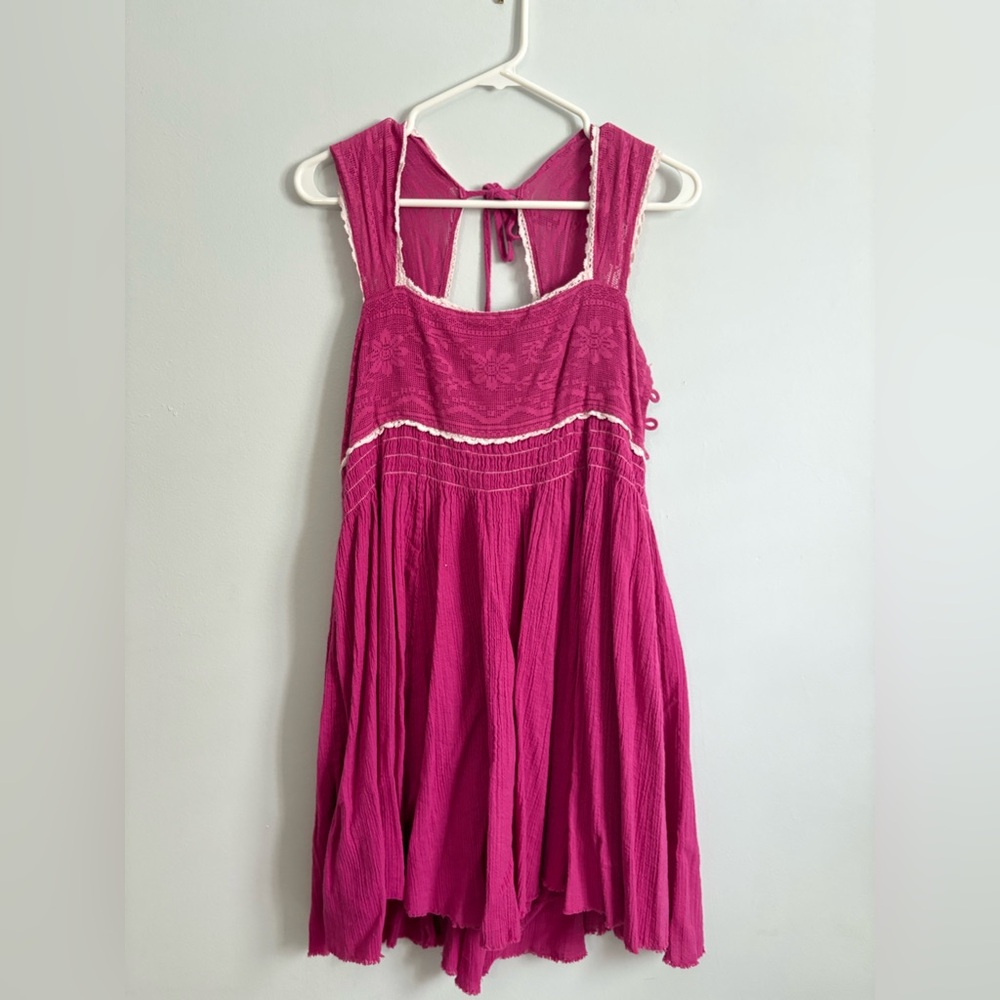 Womens Fuchsia Sleeveless Sundress with Lace Trim